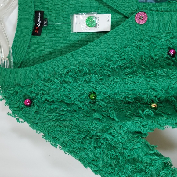 Women's Fuzzy Long Sleeve Button Cardigan With Ornament Details ~ Green - Picture 9 of 12